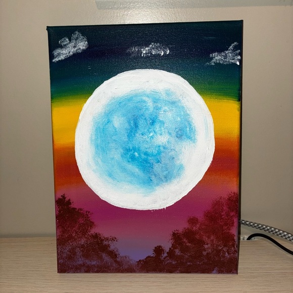 Other - Rainbow Night Full Moon Hand Painted Wall Art 9x12 Canvas